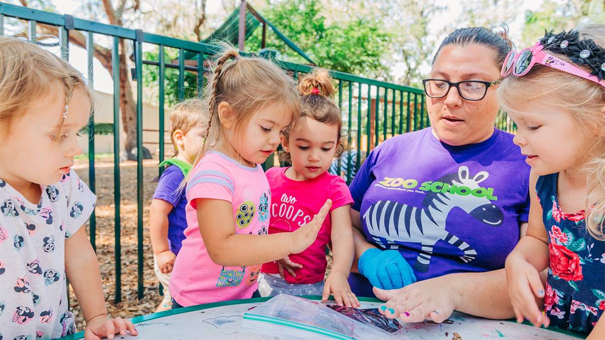 Close up of a group of children playing at a sensory activity during Zoo School at ZooTampa in Tampa, Florida, USA